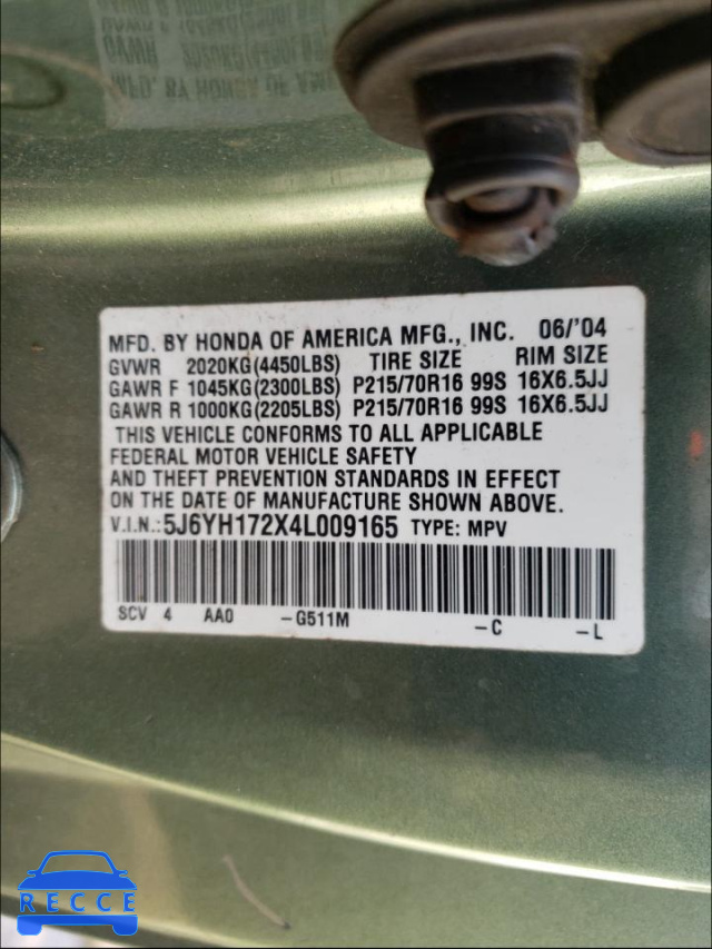 2004 HONDA ELEMENT DX 5J6YH172X4L009165 image 9