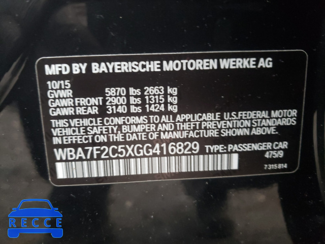 2016 BMW 750I XDRIV WBA7F2C5XGG416829 image 9