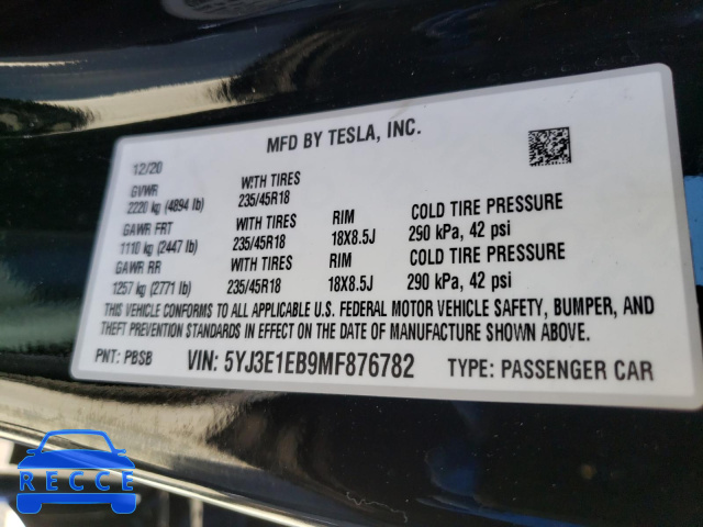 2021 TESLA MODEL 3 5YJ3E1EB9MF876782 зображення 9