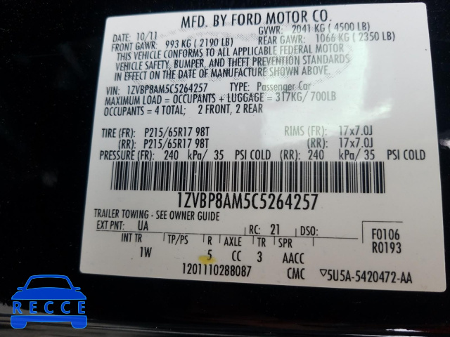 2012 FORD MUST 1ZVBP8AM5C5264257 image 9