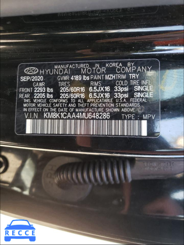 2021 HYUNDAI KONA SE KM8K1CAA4MU648286 Bild 9