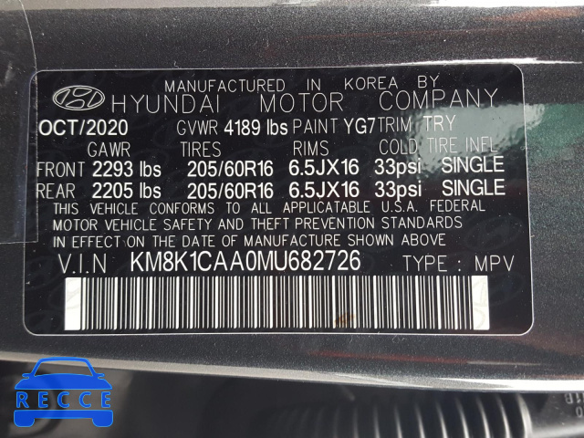 2021 HYUNDAI KONA SE KM8K1CAA0MU682726 зображення 9