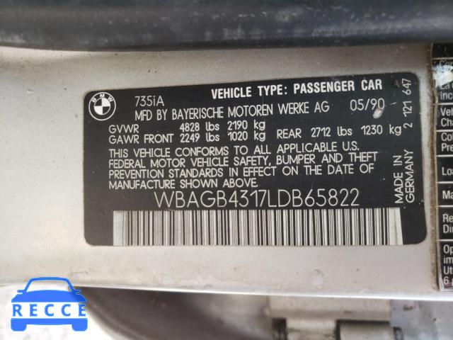 1990 BMW 735 I AUTO WBAGB4317LDB65822 image 9