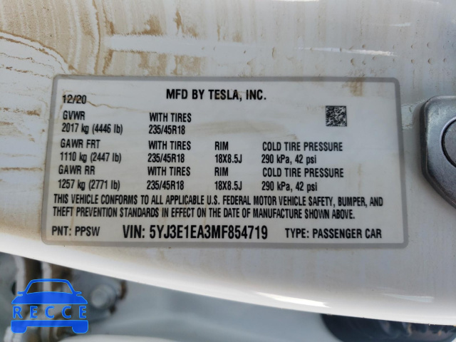 2021 TESLA MODEL 3 5YJ3E1EA3MF854719 Bild 9