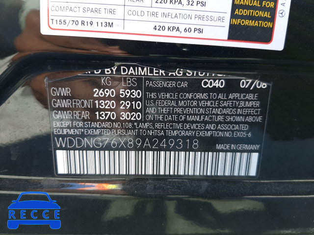 2009 MERCEDES-BENZ S 600 WDDNG76X89A249318 Bild 9