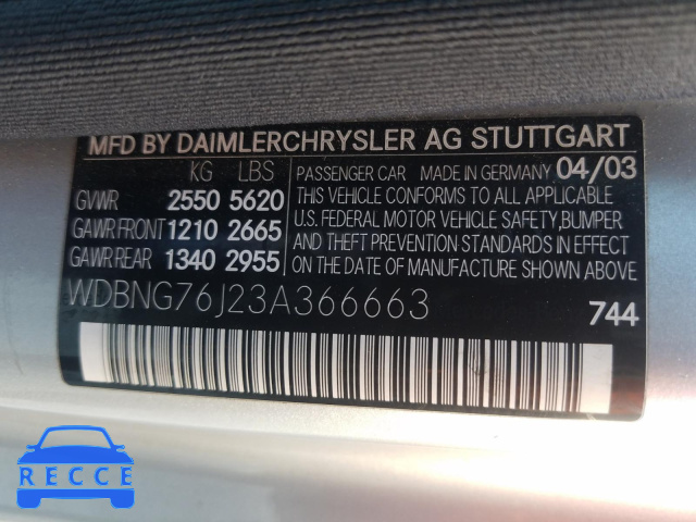2003 MERCEDES-BENZ S 600 WDBNG76J23A366663 Bild 9