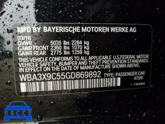 2016 BMW 335 XIGT WBA3X9C55GD869892 зображення 9