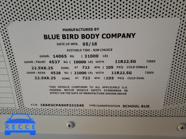 2017 BLUE BIRD SCHOOL BUS 1BAKGCPA9HF331540 Bild 9