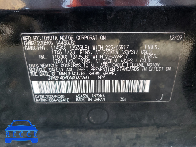 2010 TOYOTA RAV 4 JTMZF4DV0AD023260 image 9