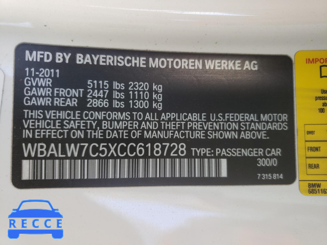 2012 BMW 640 I WBALW7C5XCC618728 Bild 9