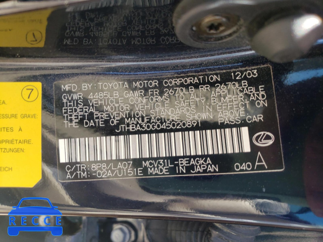 2004 LEXUS ES330 JTHBA30G045020891 image 9