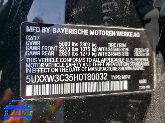 2017 BMW X4 XDRIVE2 5UXXW3C35H0T80032 зображення 9