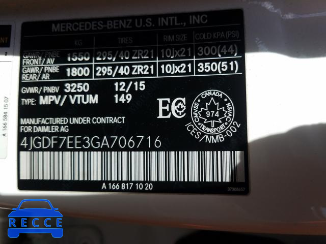 2016 MERCEDES-BENZ GL 63 AMG 4JGDF7EE3GA706716 image 9