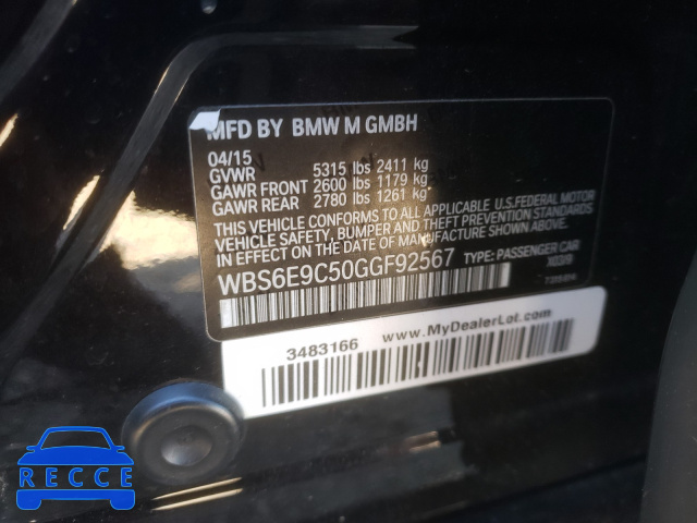 2016 BMW M6 GRAN CO WBS6E9C50GGF92567 зображення 9