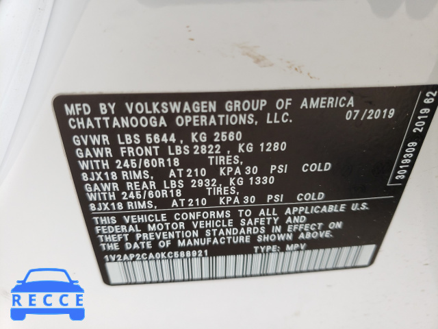 2019 VOLKSWAGEN ATLAS S 1V2AP2CA0KC588921 image 9