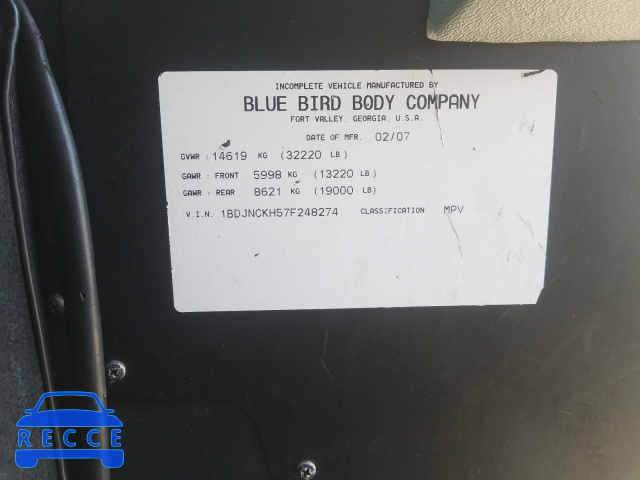 2007 BLUE BIRD INCOMPLETE 1BDJNCKH57F248274 image 9