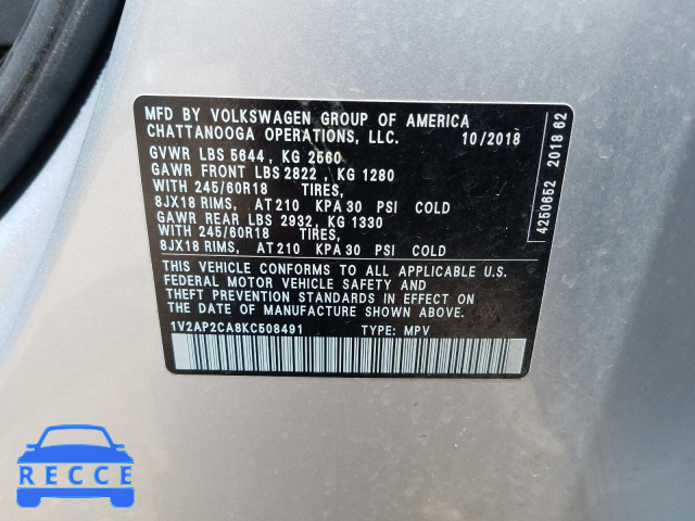 2019 VOLKSWAGEN ATLAS S 1V2AP2CA8KC508491 image 9