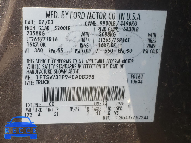 2004 FORD F-350 1FTSW31P94EA08398 image 9