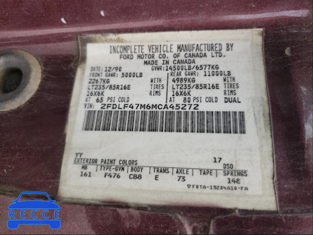 1991 FORD F SUPER DU 2FDLF47M6MCA45272 image 9