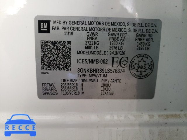 2020 CHEVROLET BLAZER 2LT 3GNKBHRS9LS576874 image 9
