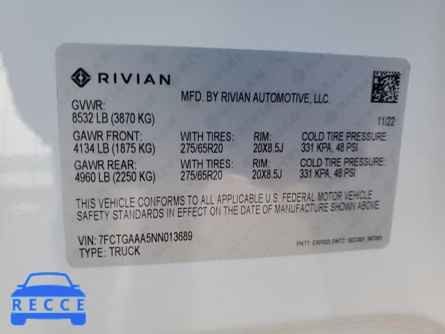 2022 RIVIAN R1T ADVENT 7FCTGAAA5NN013689 зображення 12