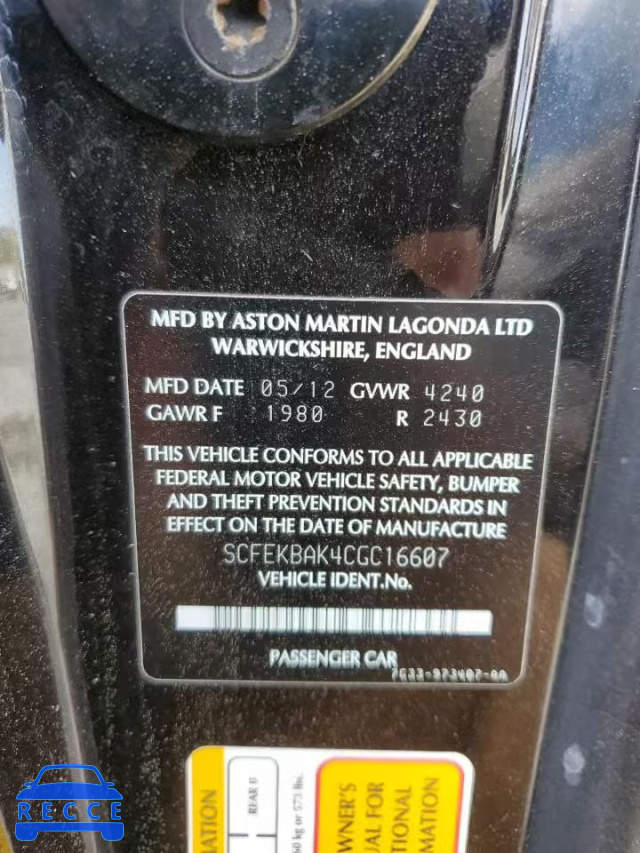 2012 ASTON MARTIN VANTAGE SCFEKBAK4CGC16607 image 11