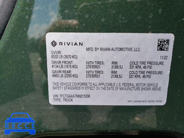 2022 RIVIAN R1T ADVENT 7FCTGAAA7NN015296 image 11