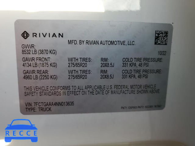 2022 RIVIAN R1T ADVENT 7FCTGAAA4NN013635 Bild 11