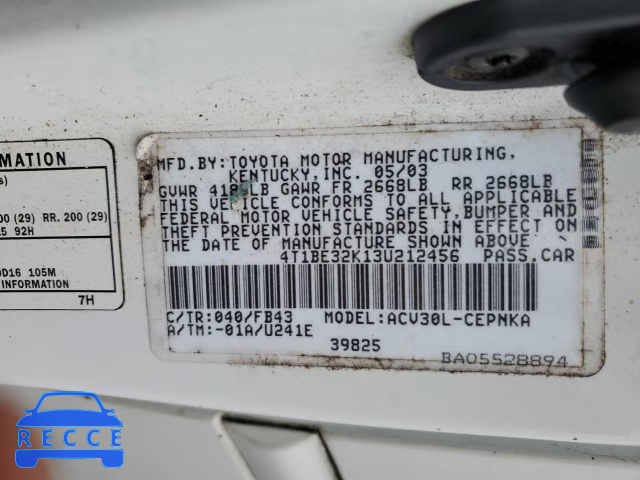 2003 TOYOTA CAMRY LE 4T1BE32K13U212456 image 11