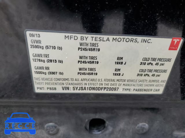 2013 TESLA MODEL S 5YJSA1DN0DFP20097 image 13