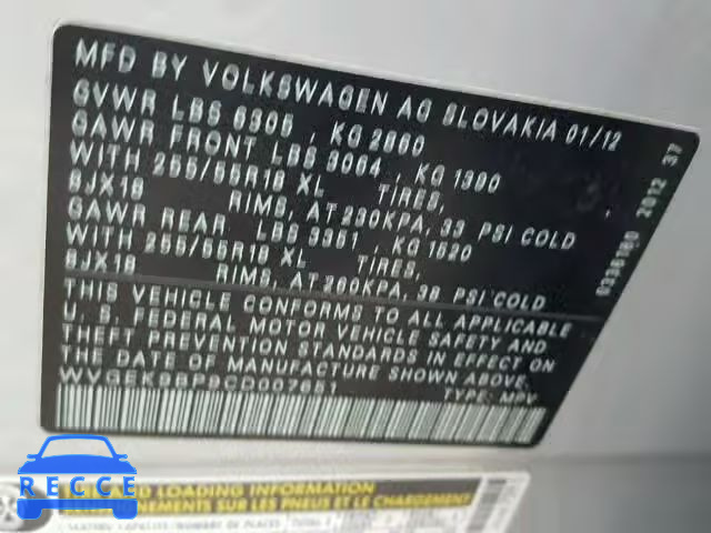 2012 VOLKSWAGEN TOUAREG TD WVGEK9BP9CD007651 зображення 9