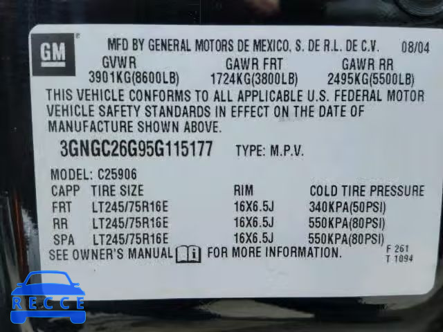 2005 CHEVROLET C2500 SUBU 3GNGC26G95G115177 image 9