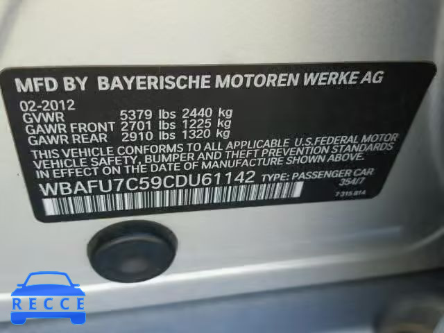 2012 BMW 535XI WBAFU7C59CDU61142 зображення 9