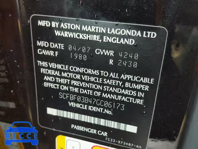 2007 ASTON MARTIN VANTAGE SCFBF03B47GC06173 image 9