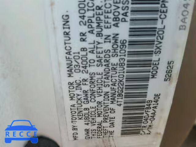 2001 TOYOTA CAMRY 4T1BG22K01U831096 image 9