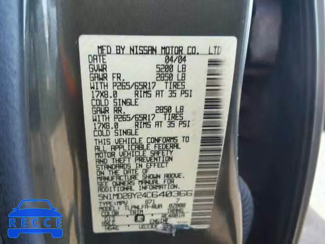 2004 NISSAN XTERRA SE 5N1MD28Y24C640366 image 9