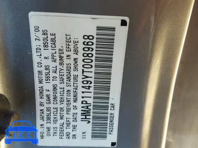 2000 HONDA S2000 JHMAP1149YT008968 image 9