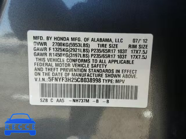 2012 HONDA PILOT LX 5FNYF3H25CB038998 image 9