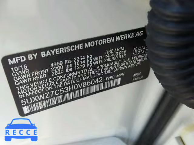 2017 BMW X3 SDRIVE2 5UXWZ7C53H0V86042 зображення 9