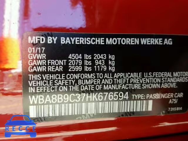 2017 BMW 330 I WBA8B9C37HK676594 зображення 9