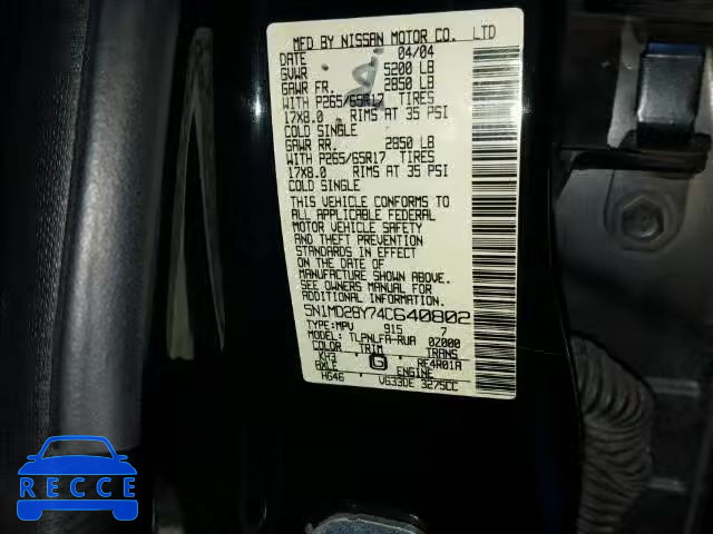 2004 NISSAN XTERRA SE 5N1MD28Y74C640802 image 9