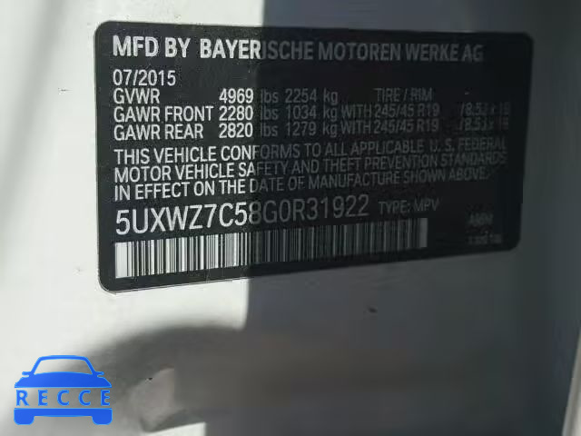 2016 BMW X3 SDRIVE 5UXWZ7C58G0R31922 зображення 9