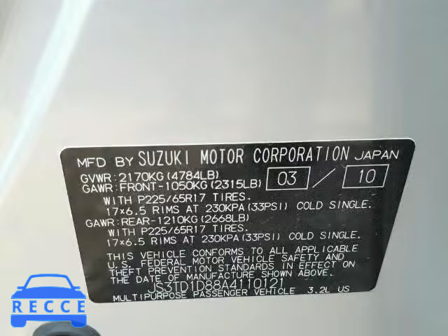 2010 SUZUKI GRAND VITA JS3TD1D88A4110121 Bild 9