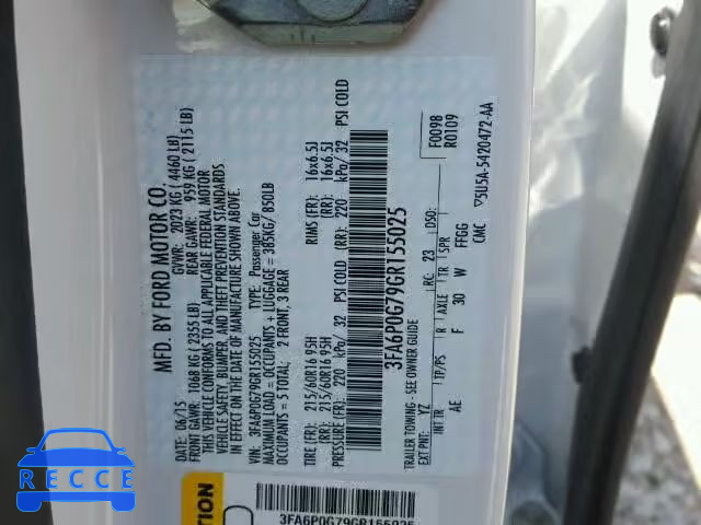 2016 FORD FUSION S 3FA6P0G79GR155025 image 9