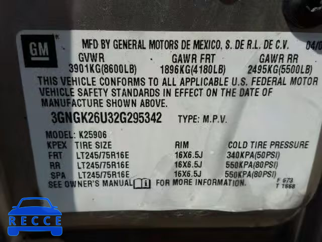 2002 CHEVROLET K2500 SUBU 3GNGK26U32G295342 image 9