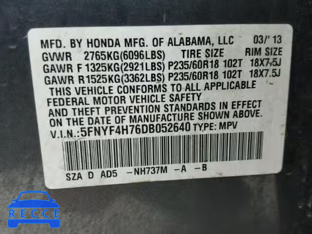 2013 HONDA PILOT EXLN 5FNYF4H76DB052640 image 9