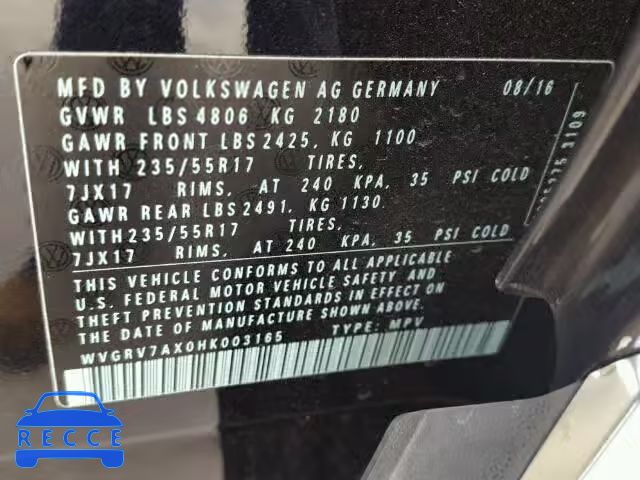 2017 VOLKSWAGEN TIGUAN WOL WVGRV7AX0HK003165 зображення 9