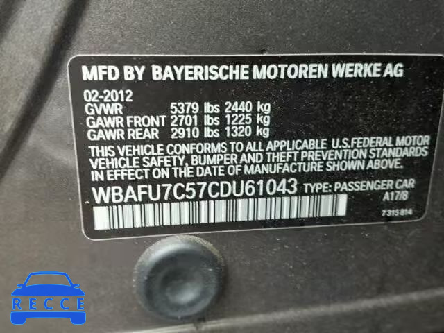 2012 BMW 535XI WBAFU7C57CDU61043 зображення 9