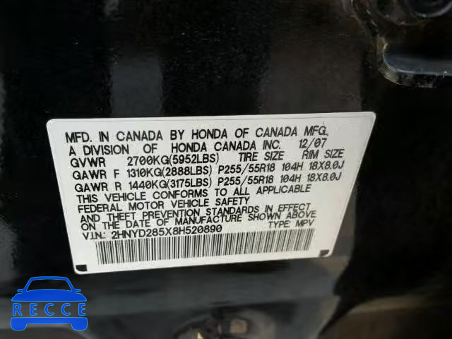 2008 ACURA MDX SPORT 2HNYD285X8H520890 Bild 9