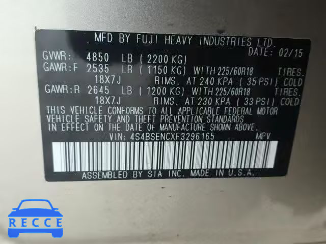 2015 SUBARU OUTBACK 3. 4S4BSENCXF3296165 image 9